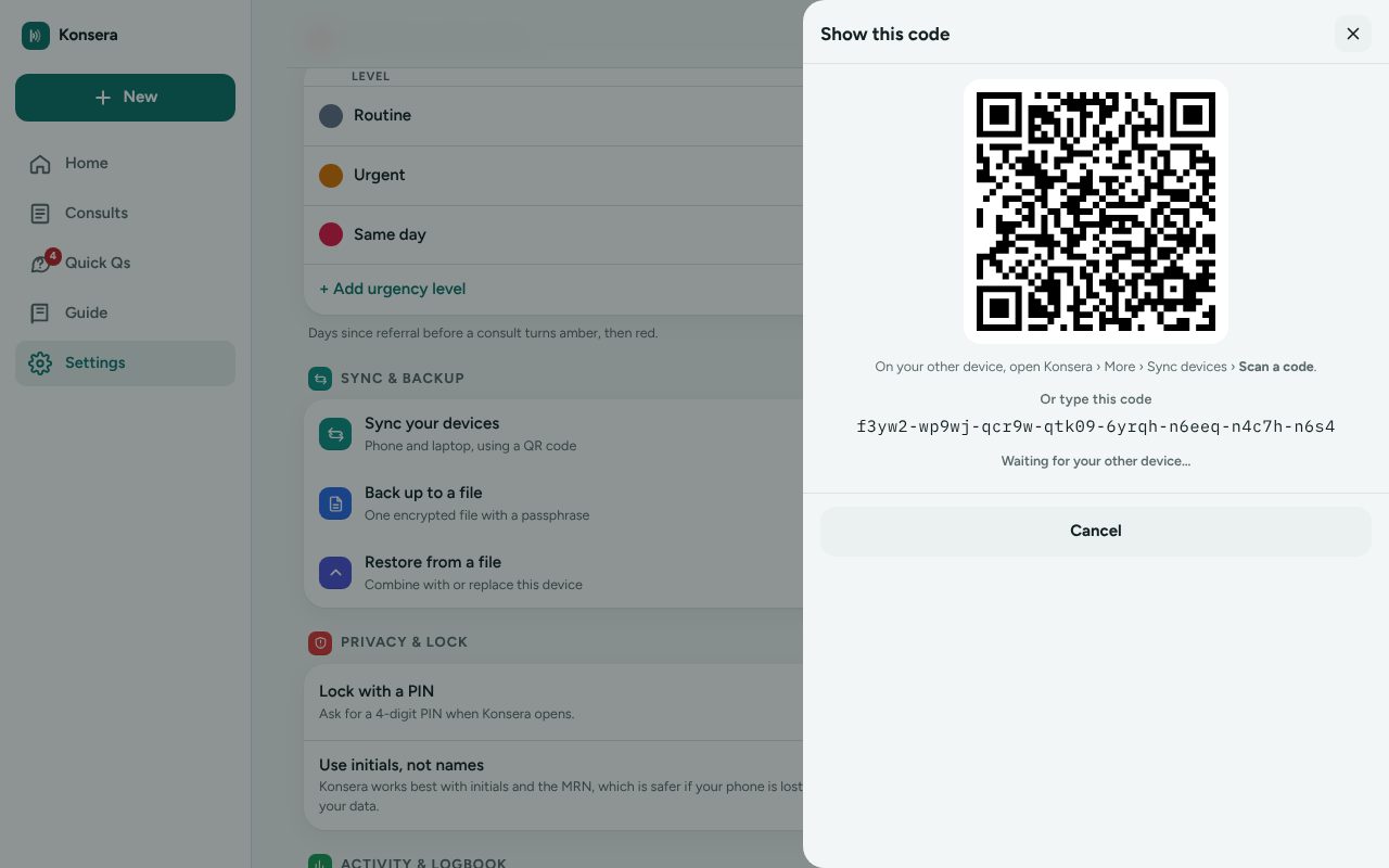 Konsera on a laptop showing a QR code to sync with a phone