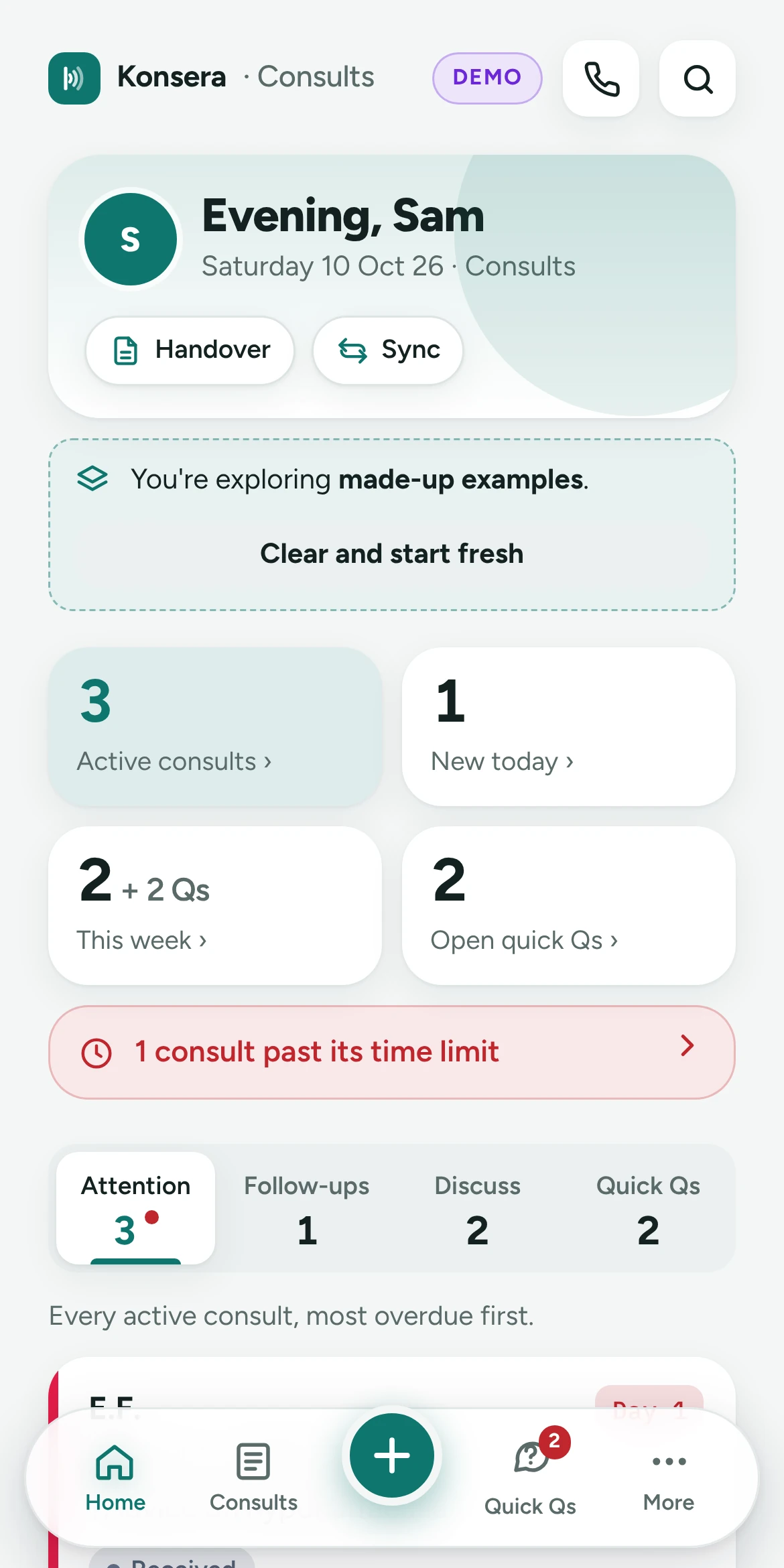 Konsera on a phone: consults, with overdue referrals at the top