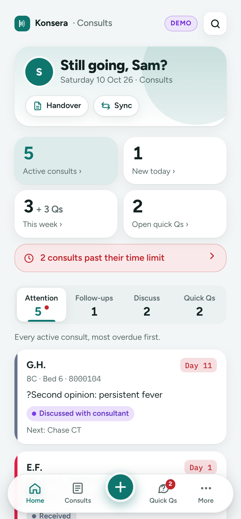 Konsera on a phone: the Home screen with active consults, overdue alerts and today's tabs
